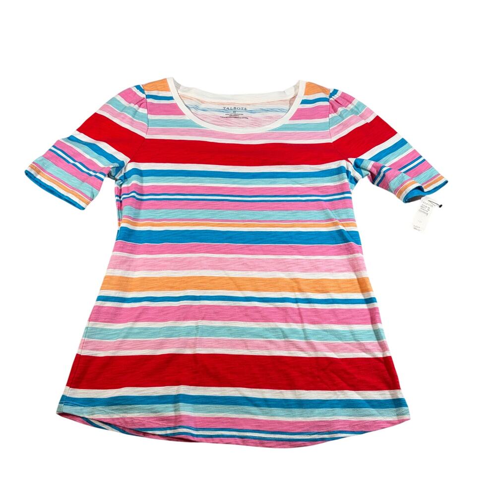 NWT Talbots striped short sleeve t shirt, ruche sleeve.  Size XS. pink blue red